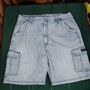 VINTAGE Wrangler Jeans Co Shorts Mens 38 Blue Denim Cargo Utility Pocket Hero -9